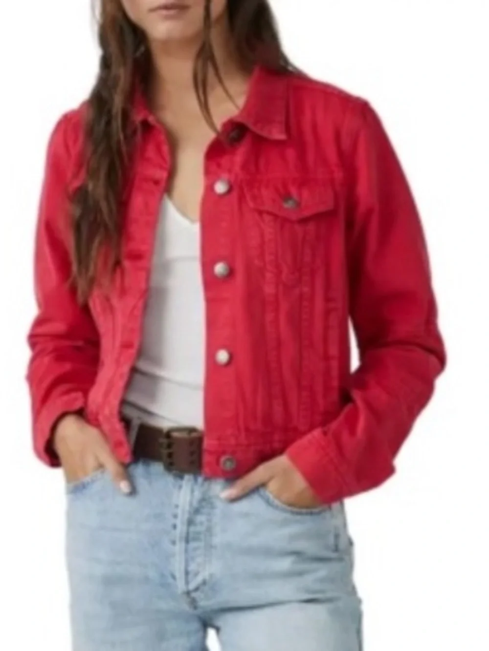 Free People / We The Free Red Denim Trucker Jacket Size XL - Picture 6 of 11